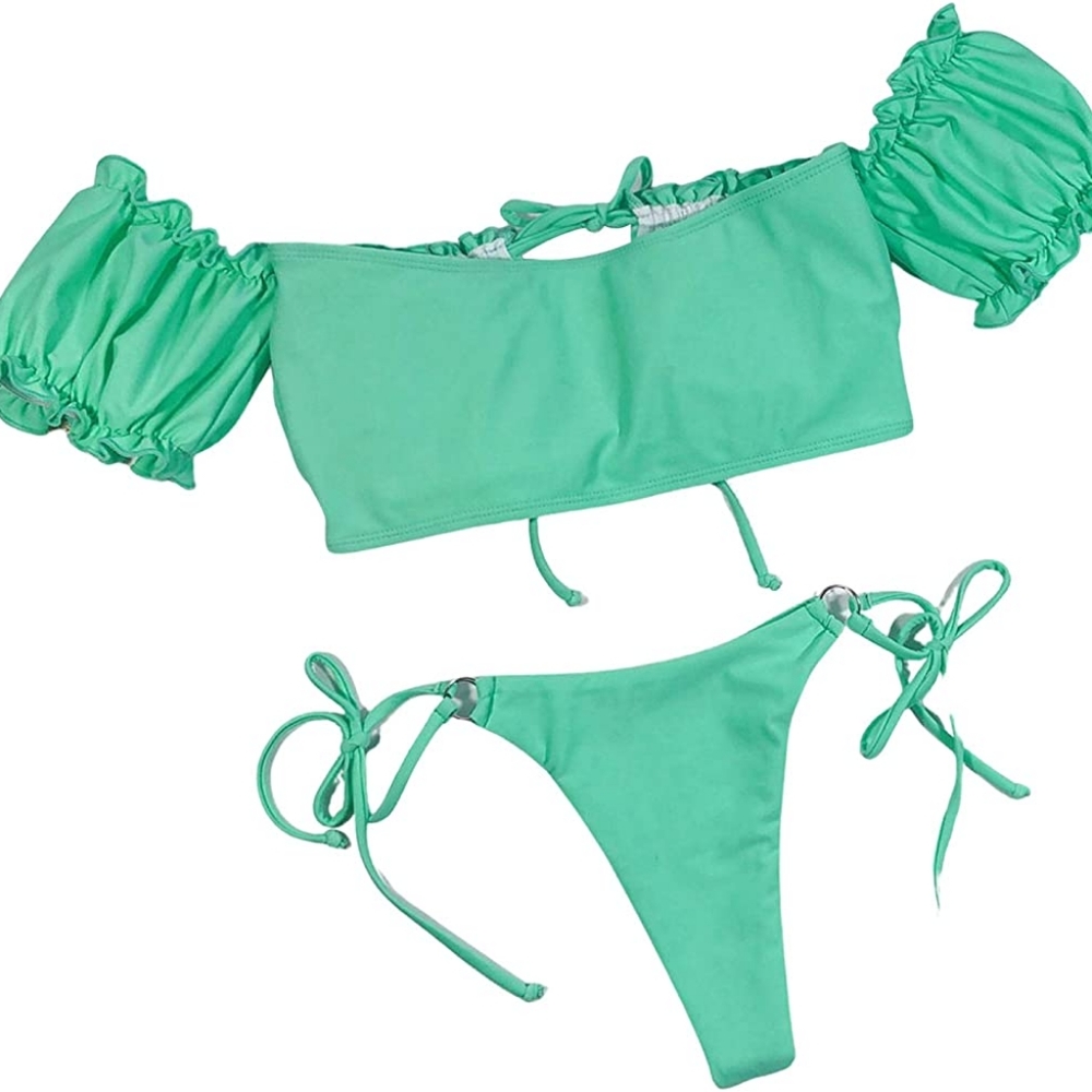 🆕️Bandeau Bikini Set Strapless Ribbed Tie Back Ruffle Cutout Swimsuits - Picture 3 of 6